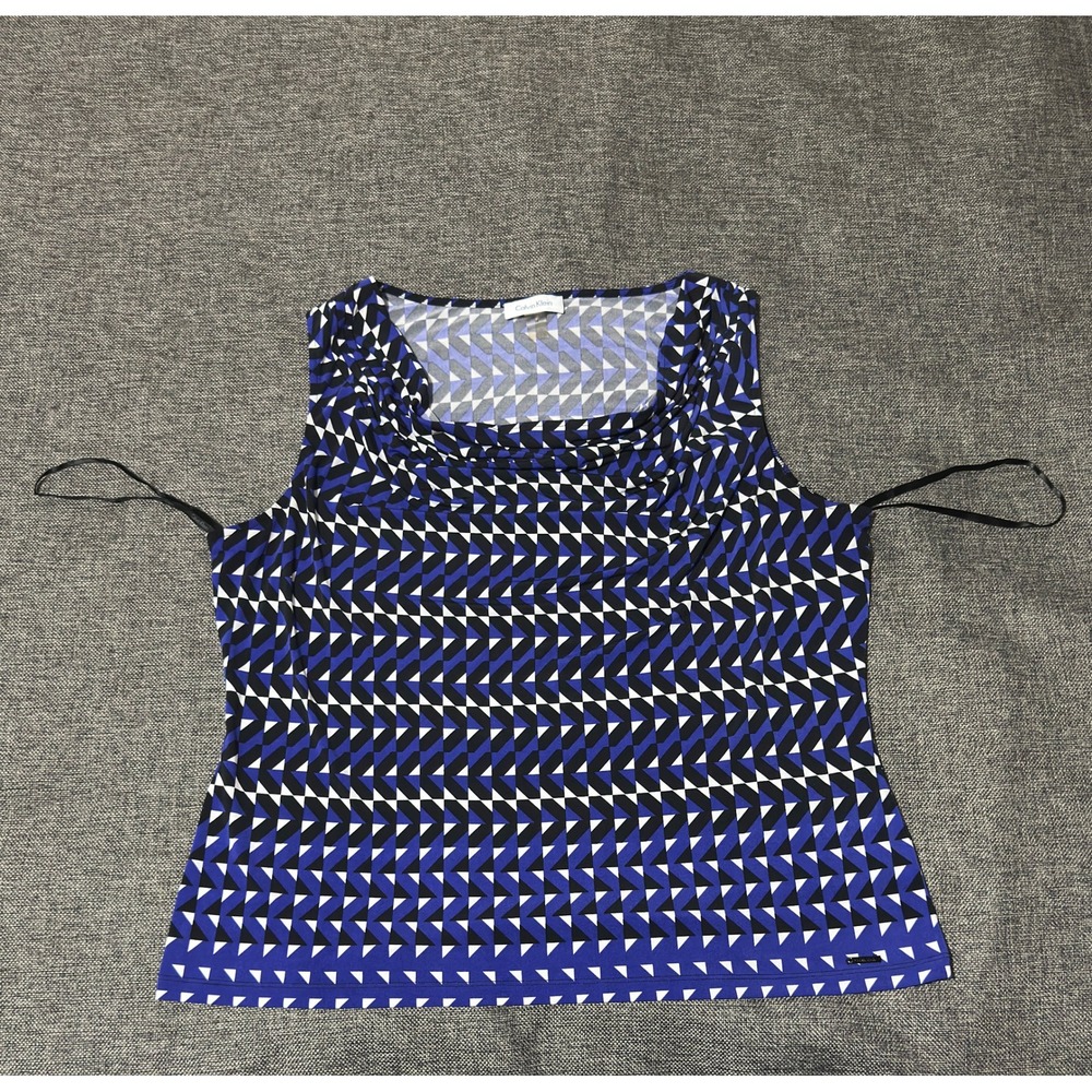 Calvin Klein Women's 1X Sleeveless Tank Geometric Blue Black White Cowl Neck